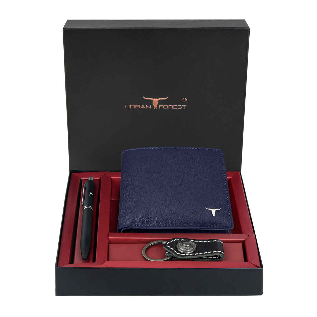 URBAN FOREST Men's Gary Aniline Leather Wallet, Pen & Keychain Combo Gift | Blue