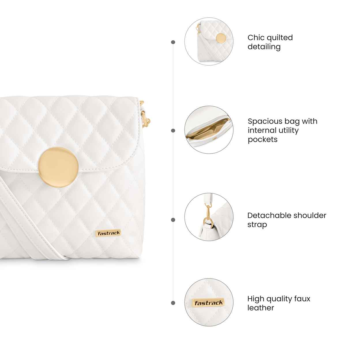 Fastrack Women's Quilted Structured Sling Bag | White