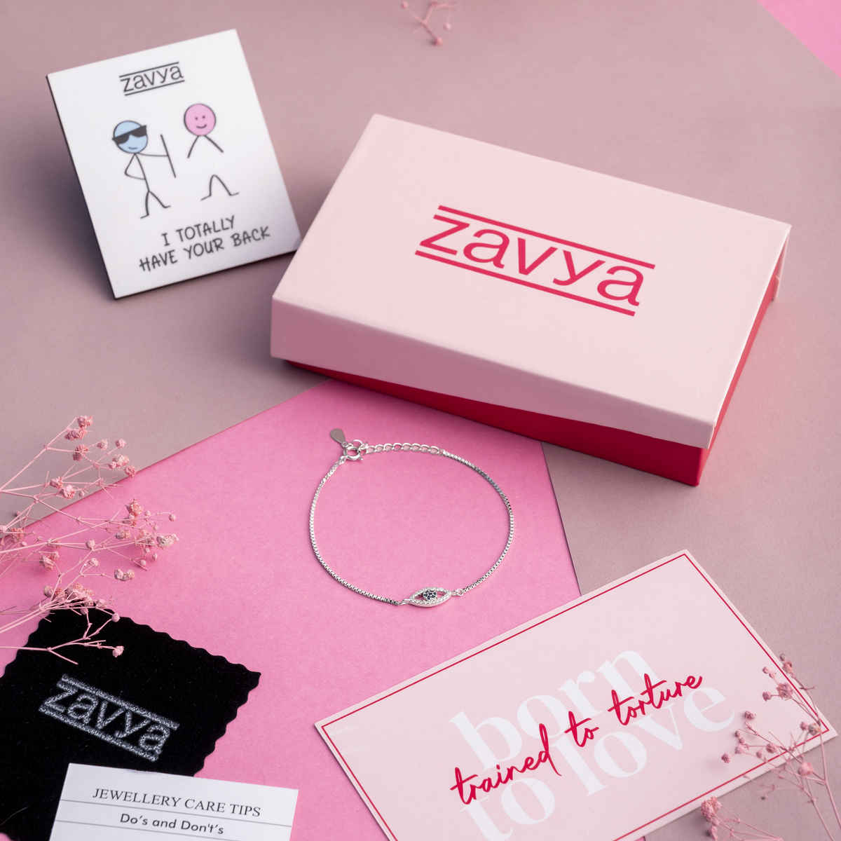 Zavya Evil eye CZ Rhodium Plated 925 Sterling Silver Chain Bracelet Gift Hamper