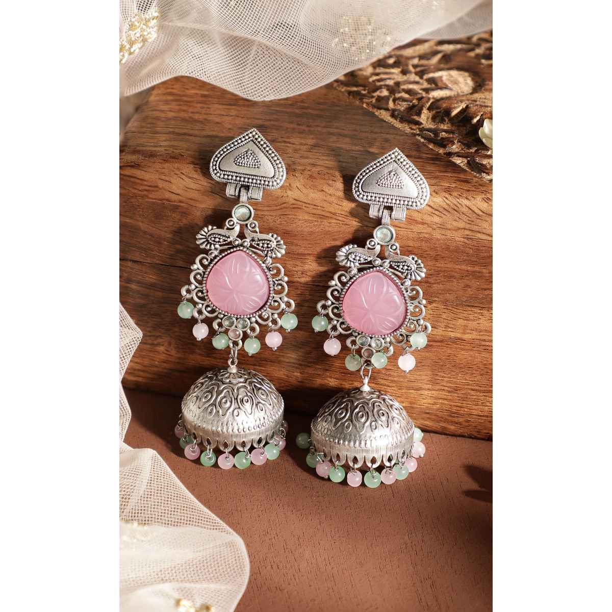 Rubans Silver-Plated Oxidised Jhumka Earrings with Pastel Pink Gemstone and Mint Green Beads