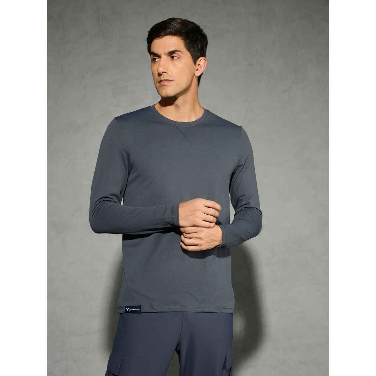 Technosport Men's Poly Solid Slim Fit Round Neck Full Sleeve Sports T-shirt | Carbon Grey - M
