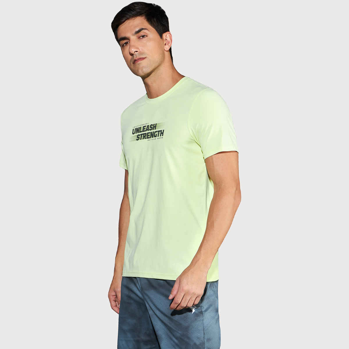 Technosport Men's Poly Printed Slim Fit Round Neck Sports T-shirt | Shadow Lime - XL