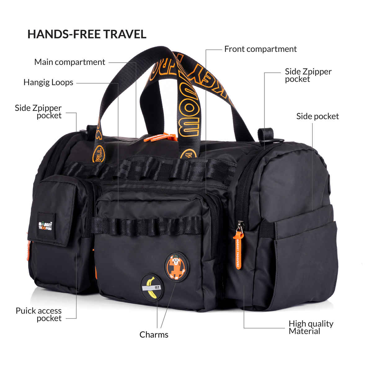 MONKEY TROOPERS Spidey Duffle - 30L, Water-Resistant Travel/Gym Bag with Quick-Access Pockets| Black