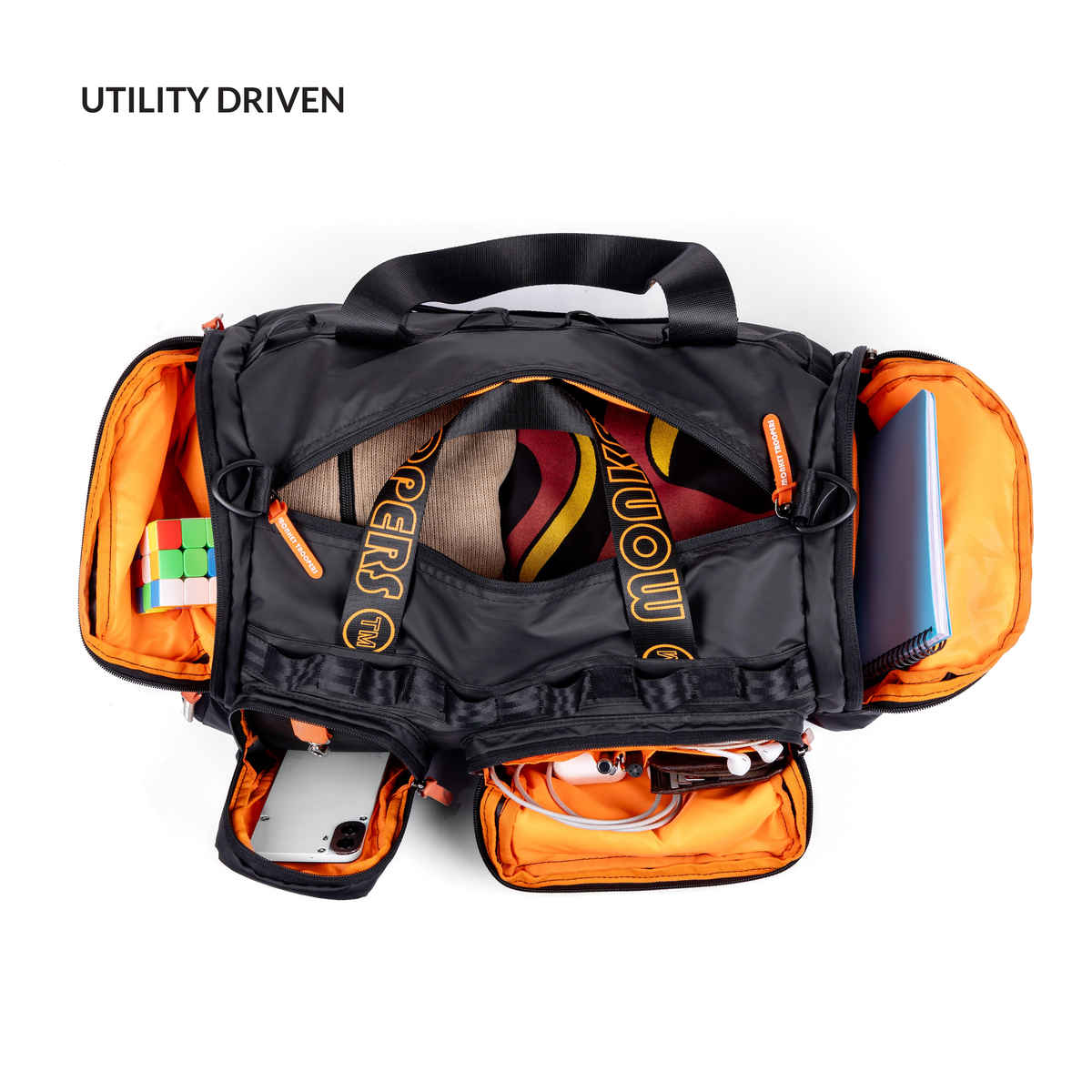 MONKEY TROOPERS Spidey Duffle - 30L, Water-Resistant Travel/Gym Bag with Quick-Access Pockets| Black