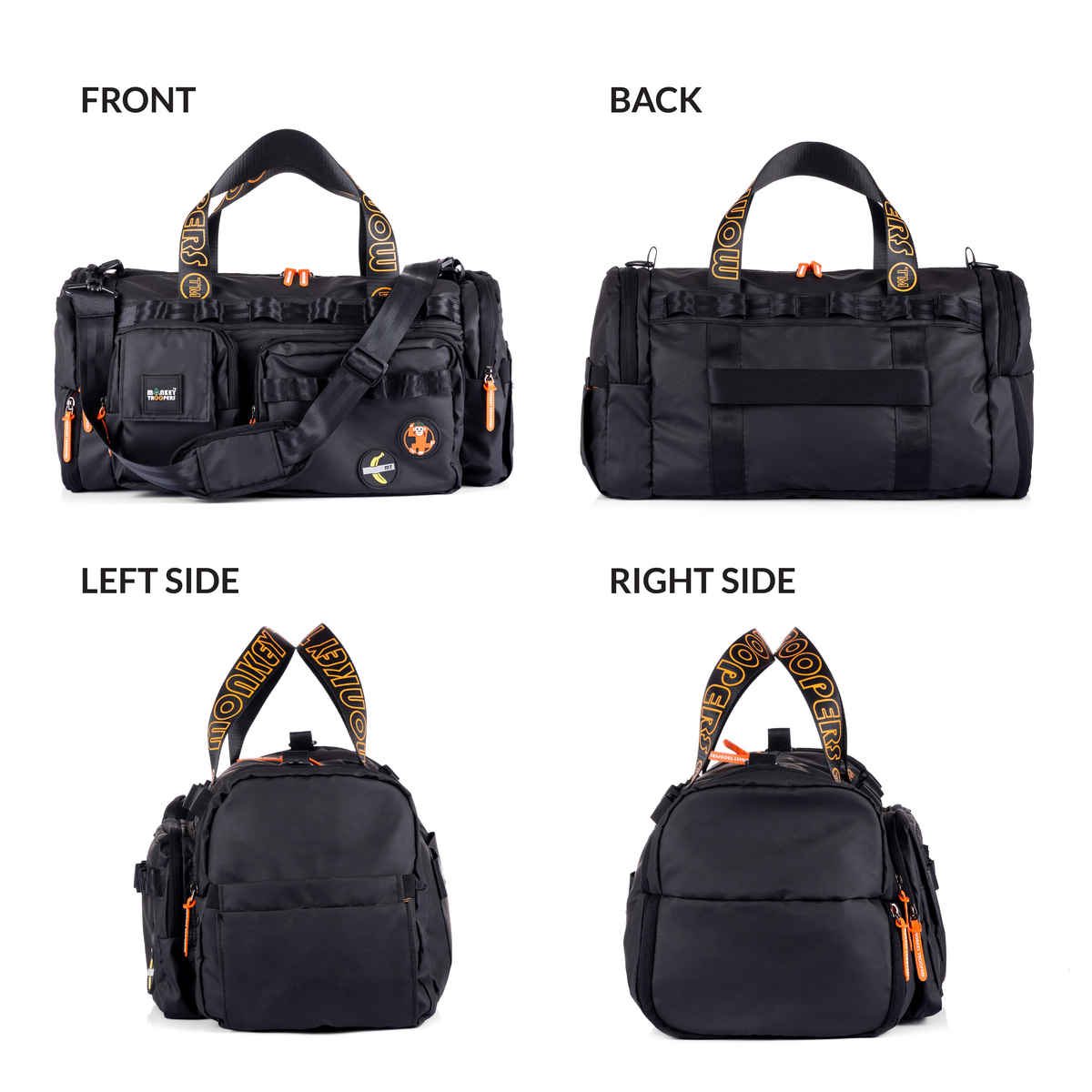 MONKEY TROOPERS Spidey Duffle - 30L, Water-Resistant Travel/Gym Bag with Quick-Access Pockets| Black