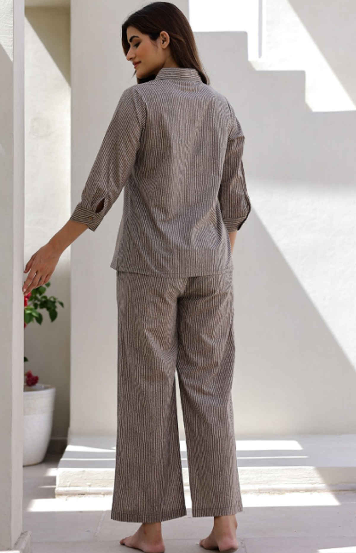 Sanskrutihomes Women Striped Shirt Collar Pure Cotton Beige Night Suit SE-NSP-615 | XL