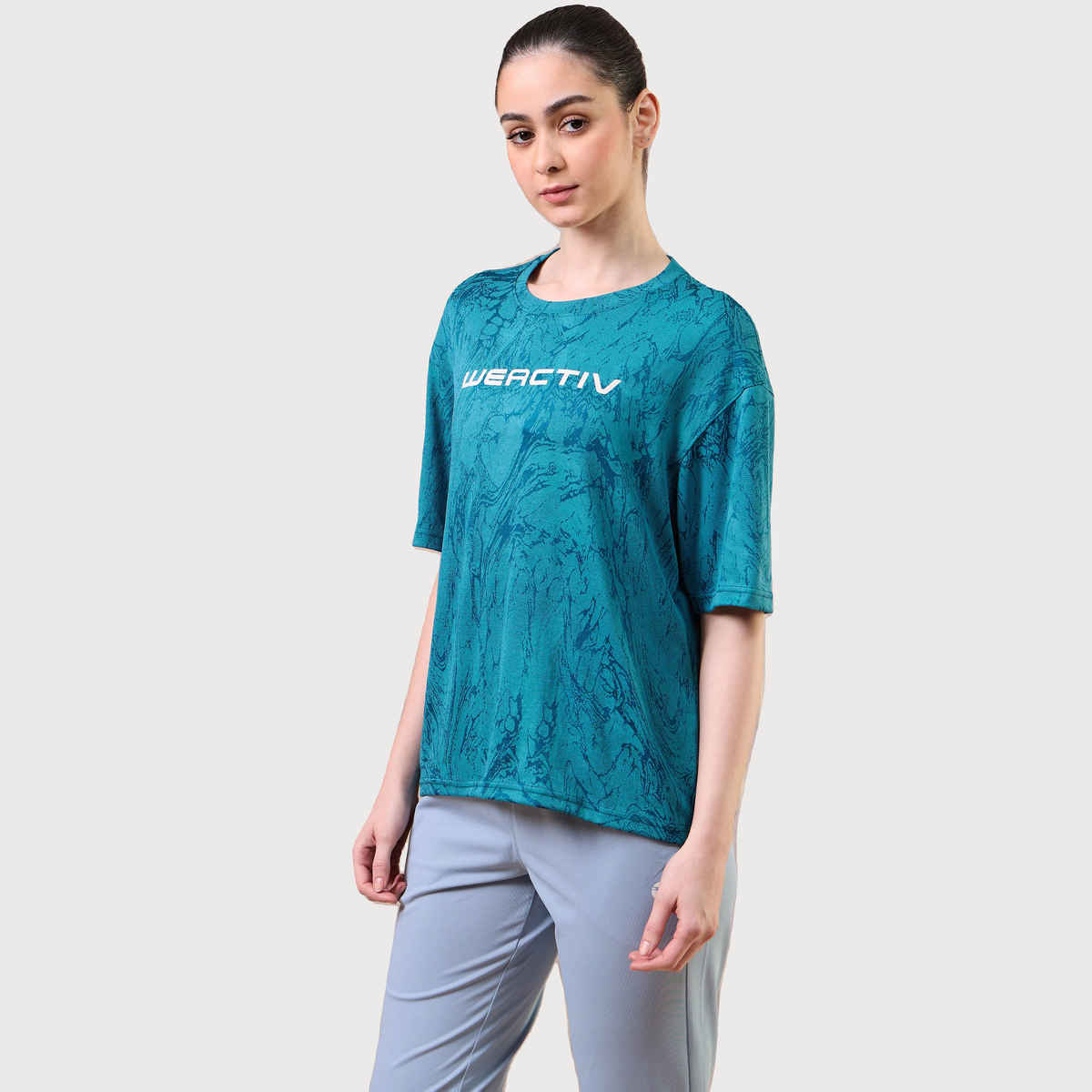 Technosport Women's Jacquard Boxy Fit Round Neck Sports T-shirt with DOUBLE COOL - Teal M