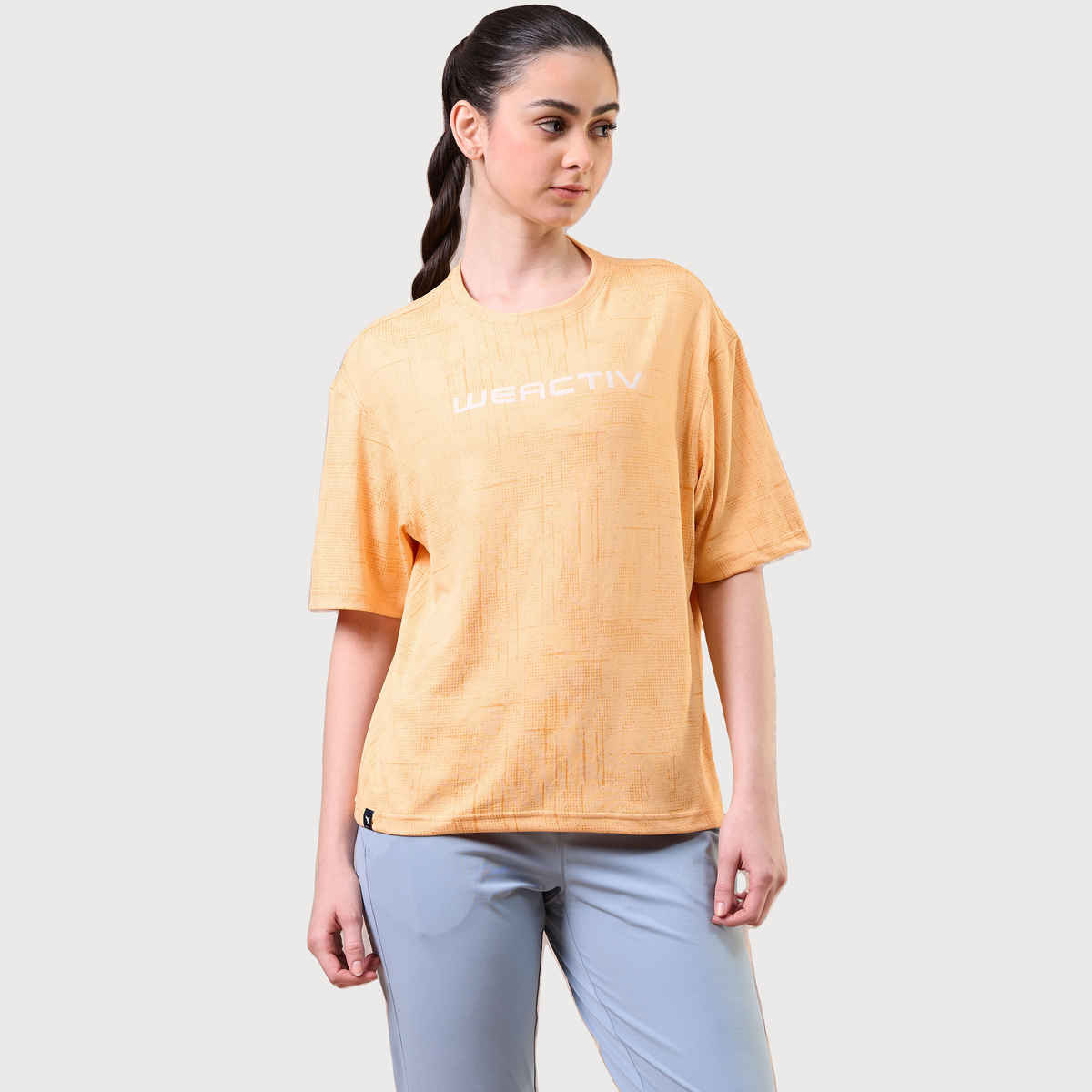 Technosport Women's Jacquard Boxy Fit Round Neck Sports T-shirt with DOUBLE COOL - Pumpkin XL