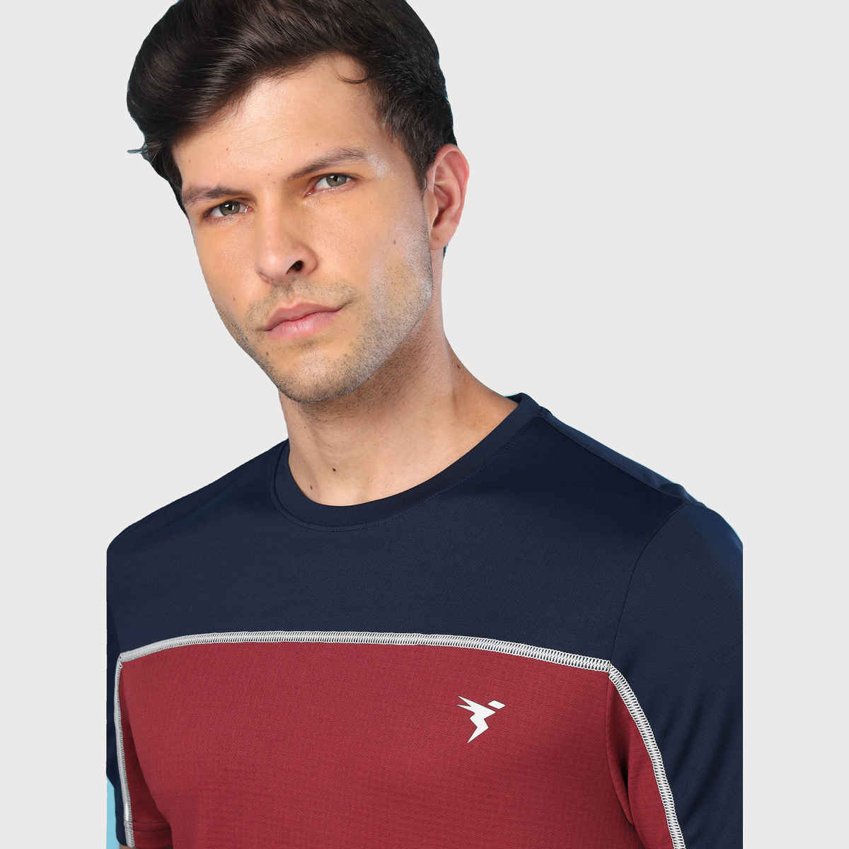 Technosport Men's Poly Colorblock Slim Fit Round Neck T-shirt | Berry Red - 2XL