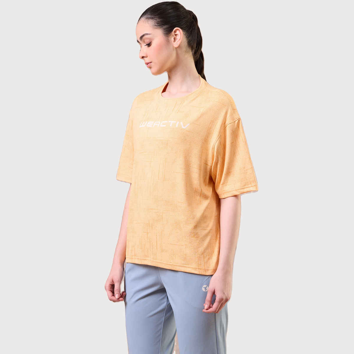 Technosport Women's Jacquard Boxy Fit Round Neck Sports T-shirt with DOUBLE COOL - Pumpkin XL