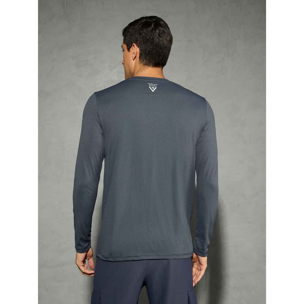 Technosport Men's Poly Solid Slim Fit Round Neck Full Sleeve Sports T-shirt | Carbon Grey - M