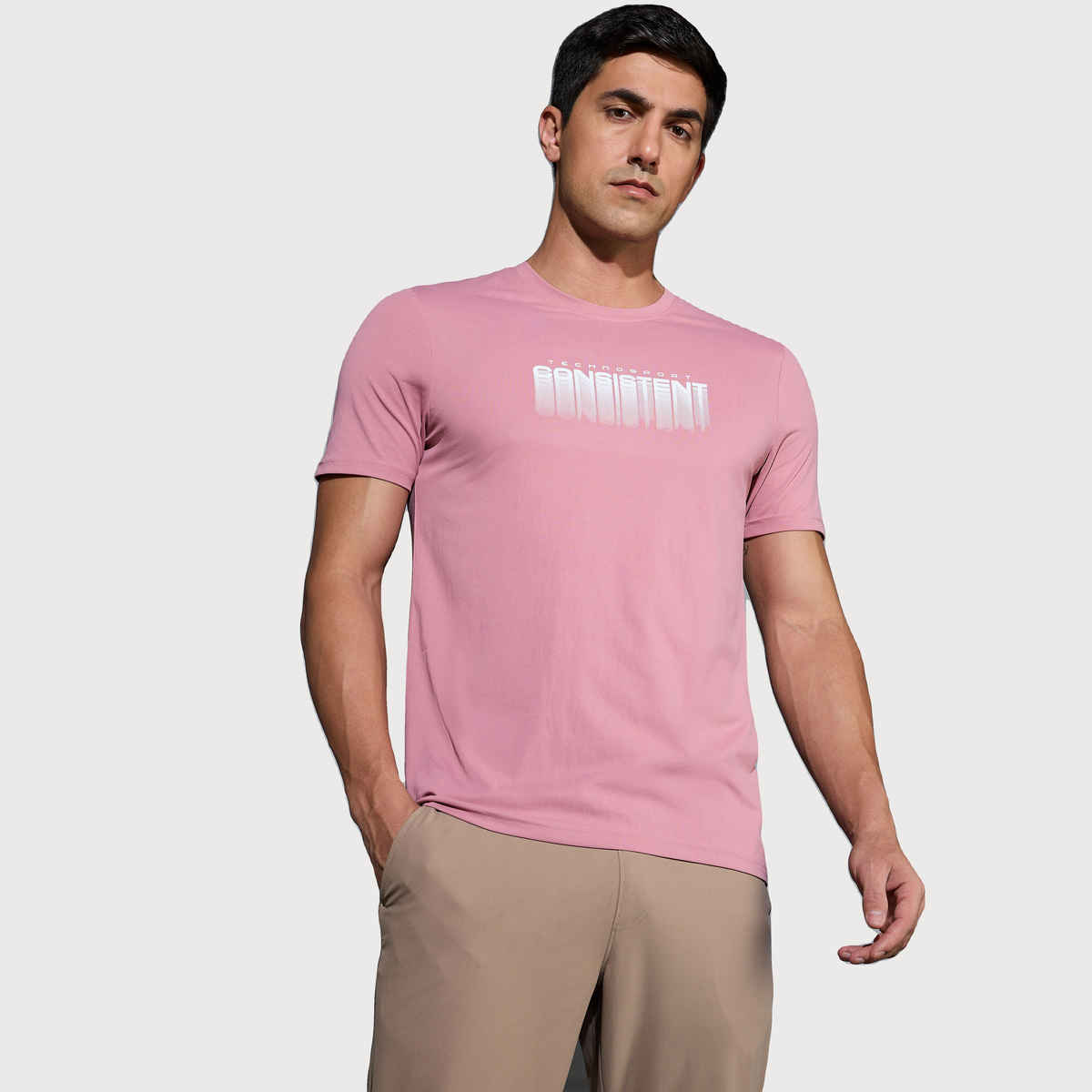 Technosport Men's Poly Printed Slim Fit Round Neck Sports T-shirt | Dusty Rose - S