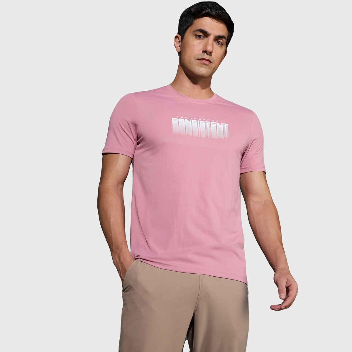 Technosport Men's Poly Printed Slim Fit Round Neck Sports T-shirt | Dusty Rose - M
