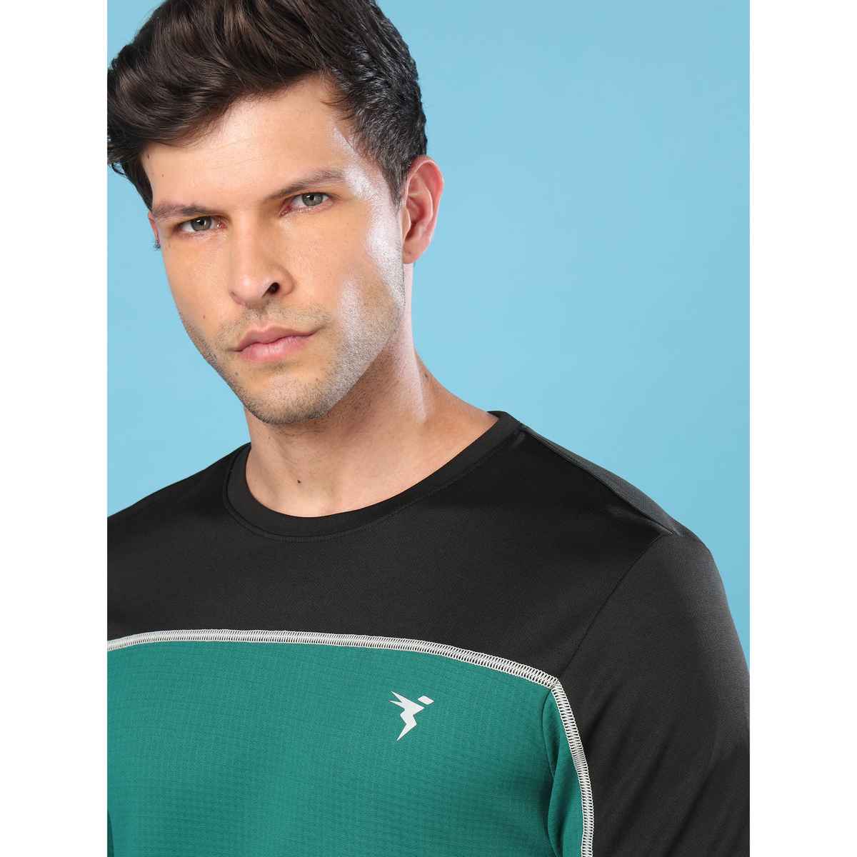 Technosport Men's Poly Colorblock Slim Fit Round Neck T-shirt | Blue Teal - XL