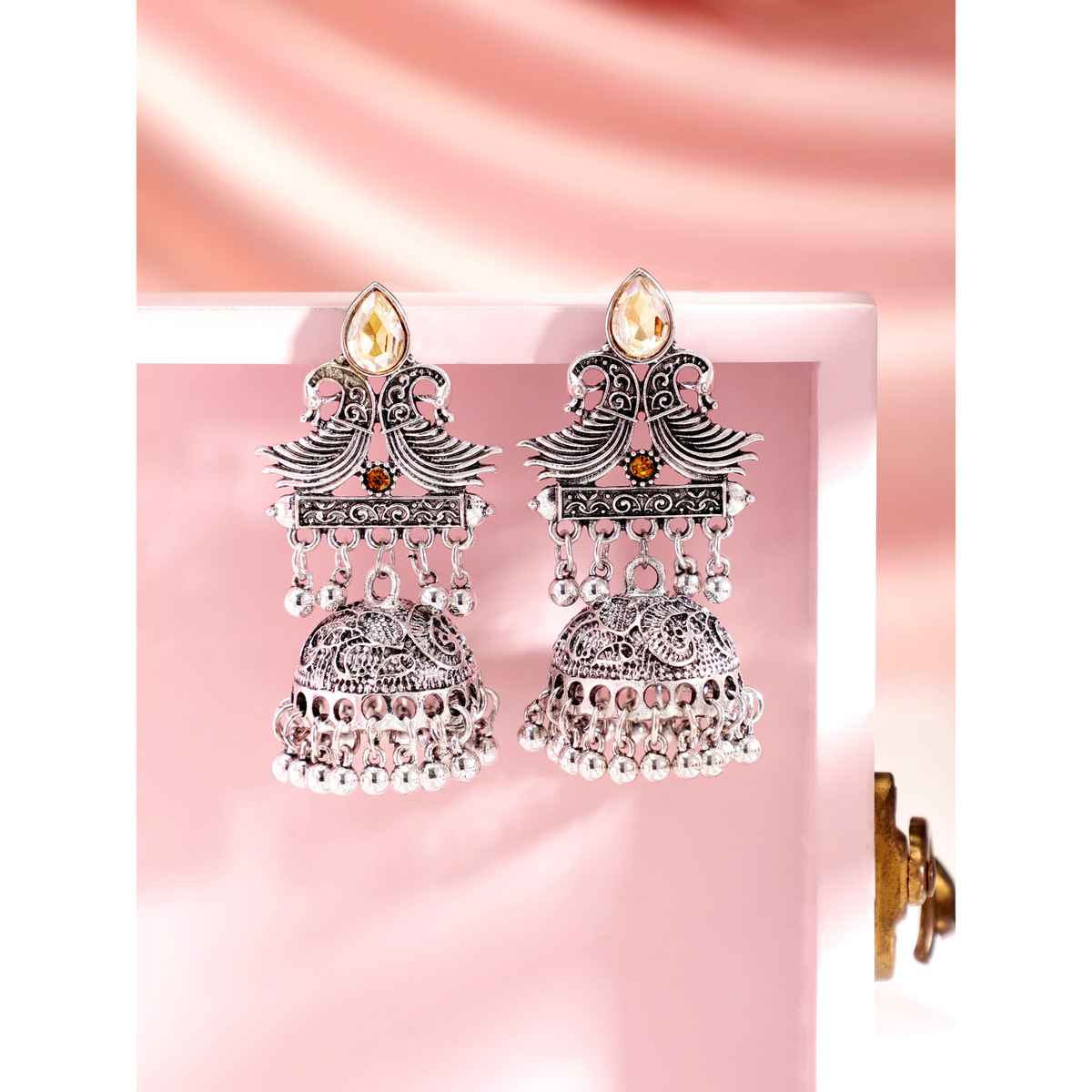 Rubans Oxidised Silver Plated Orange & Yellow Stone Studded Ghungroo Beaded Jhumka