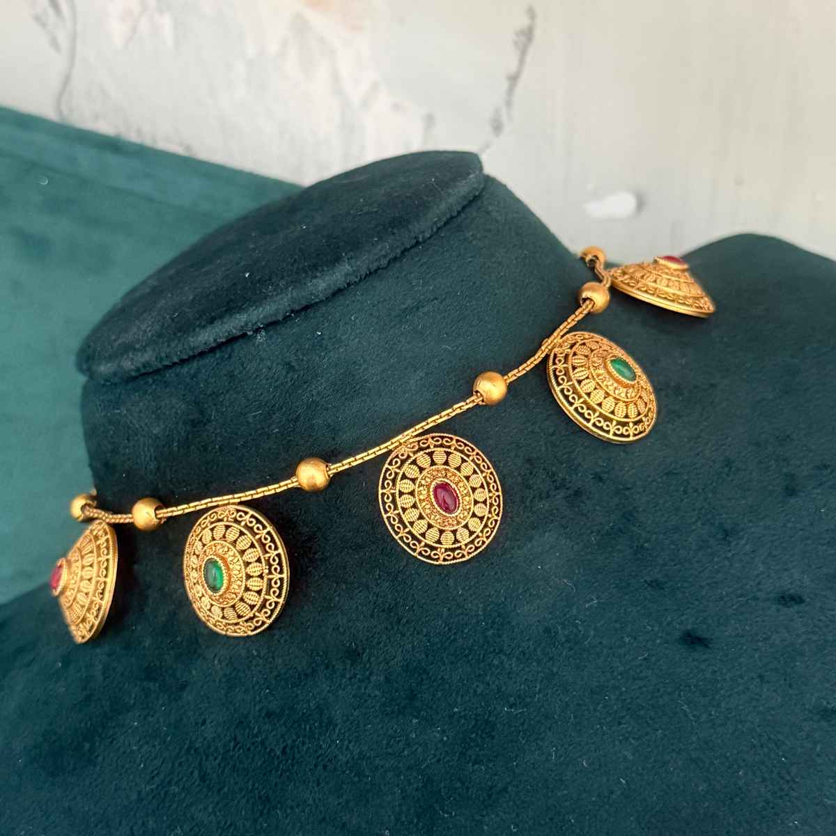 The Opal Factory Necklace Set Golden Round Intricate Filigree Motif & Stud Earrings in Golden Chain