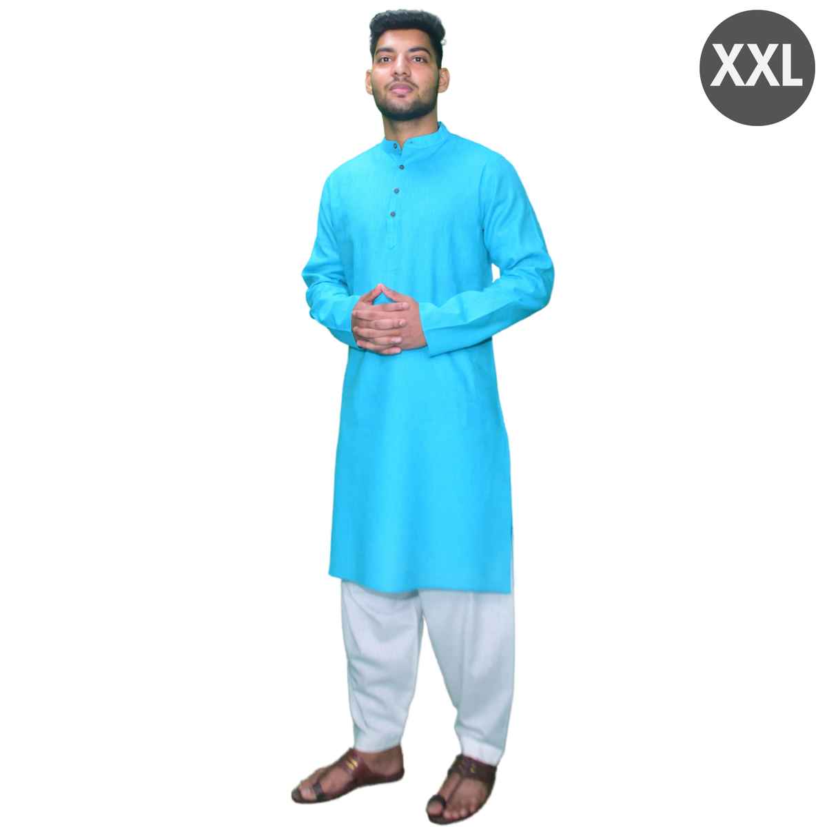 EQL Men's Cotton Linen Button Placket Long Kurta for Men | Turquoise Blue - XXL