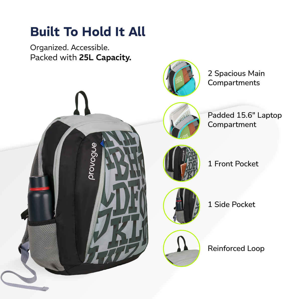 Provogue Alpha Laptop Bag With Large Compartments, Bottle Holder, Midnight Black, 25 Ltr