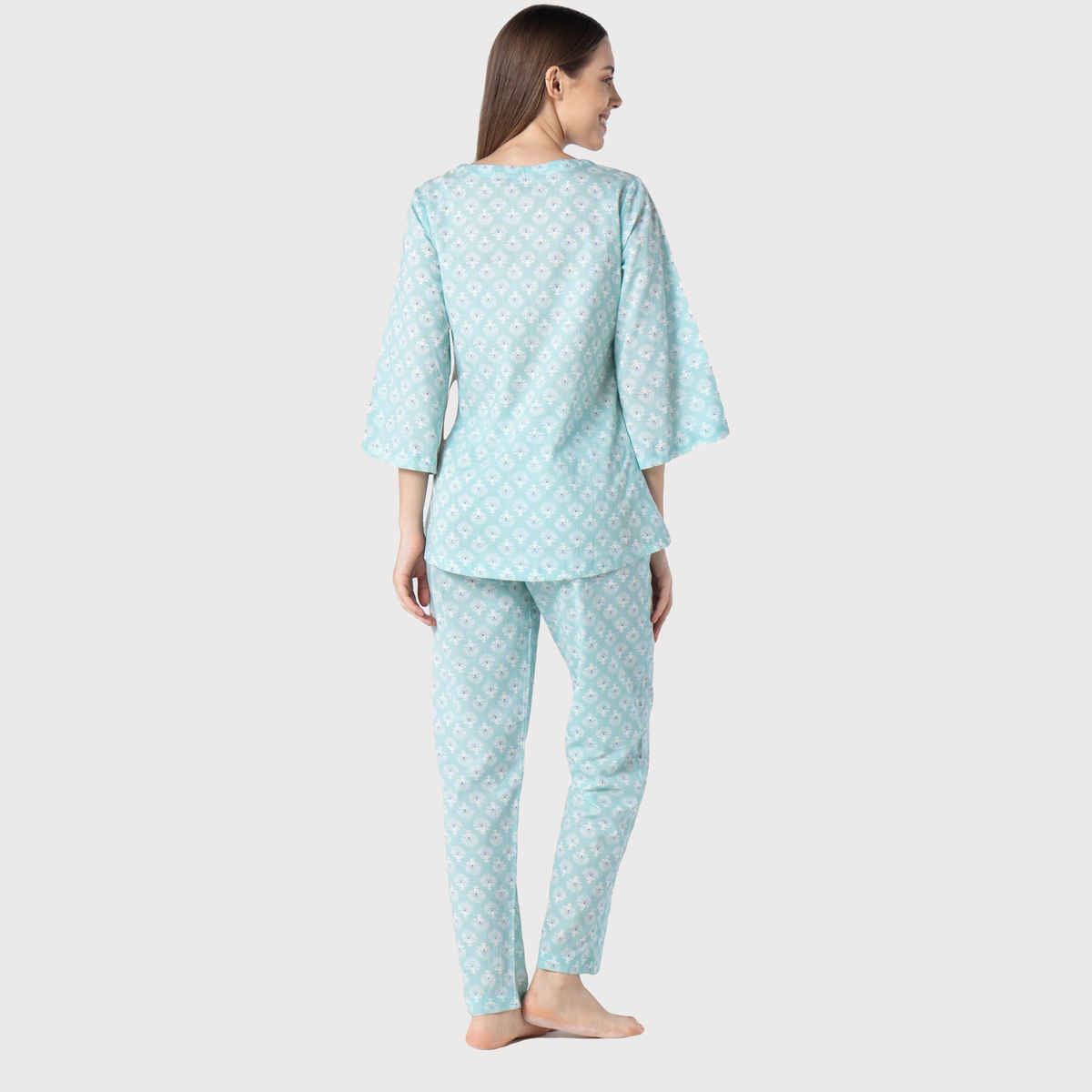 Sanskrutihomes Women Floral Printed Pure Cotton Sky Blue Night Suit SE-NSP-663 | S