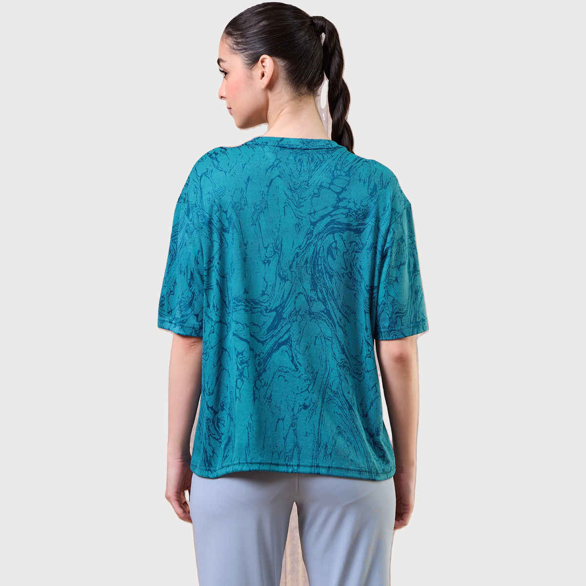 Technosport Women's Jacquard Boxy Fit Round Neck Sports T-shirt with DOUBLE COOL - Teal M