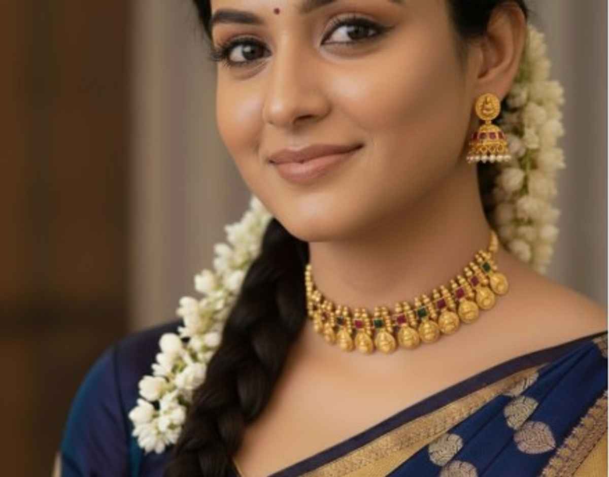 The Opal Factory Choker Necklace Set Laxmi Coin Motifs | Red and Green Stone Work & Jhumki Earrings