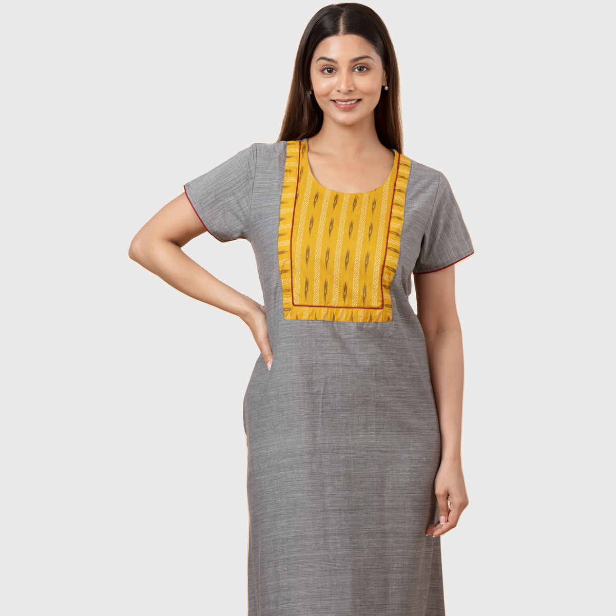 Maybell Women's Cotton Floral Printed Nighty | Grey & Yellow - L