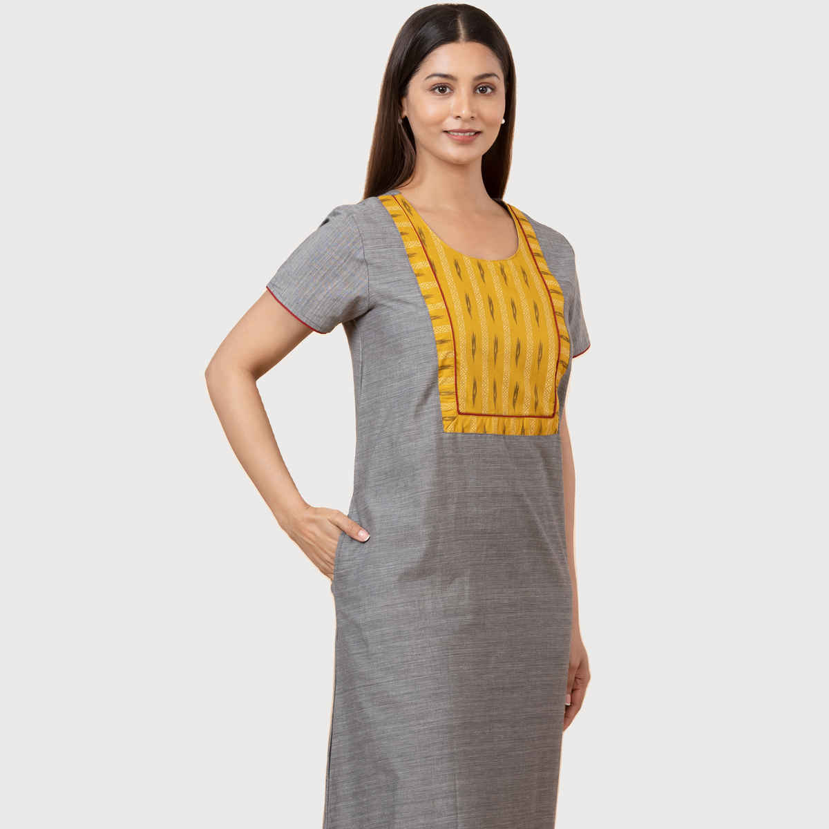 Maybell Women's Cotton Floral Printed Nighty | Grey & Yellow - L