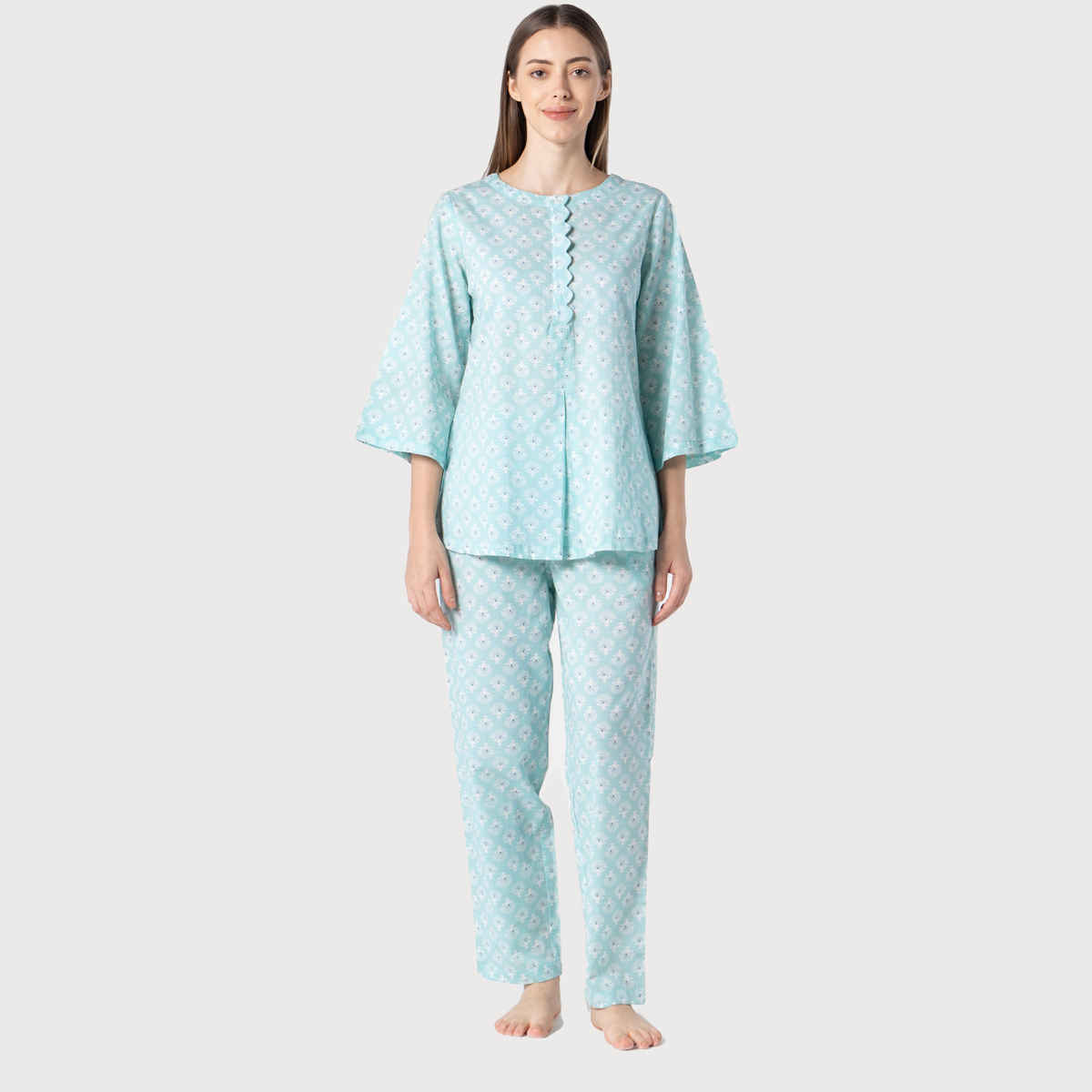 Sanskrutihomes Women Floral Printed Pure Cotton Sky Blue Night Suit SE-NSP-663 | S