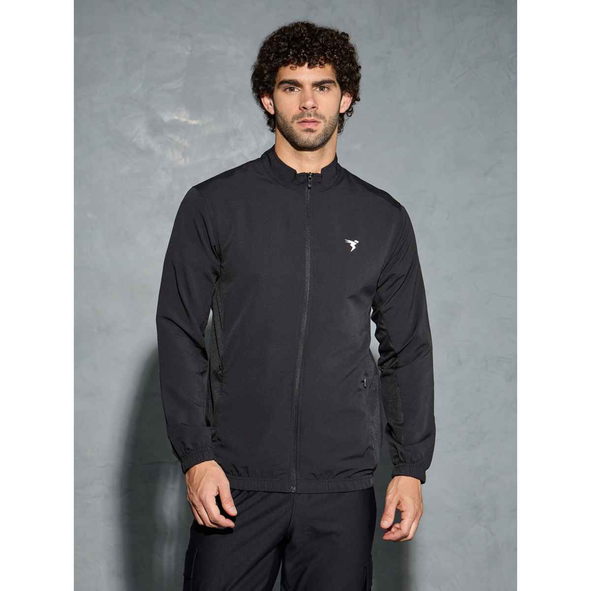 Technosport Men's Poly Solid Slim Fit Mock Neck Full Sleeve Sports Jacket | Black - L