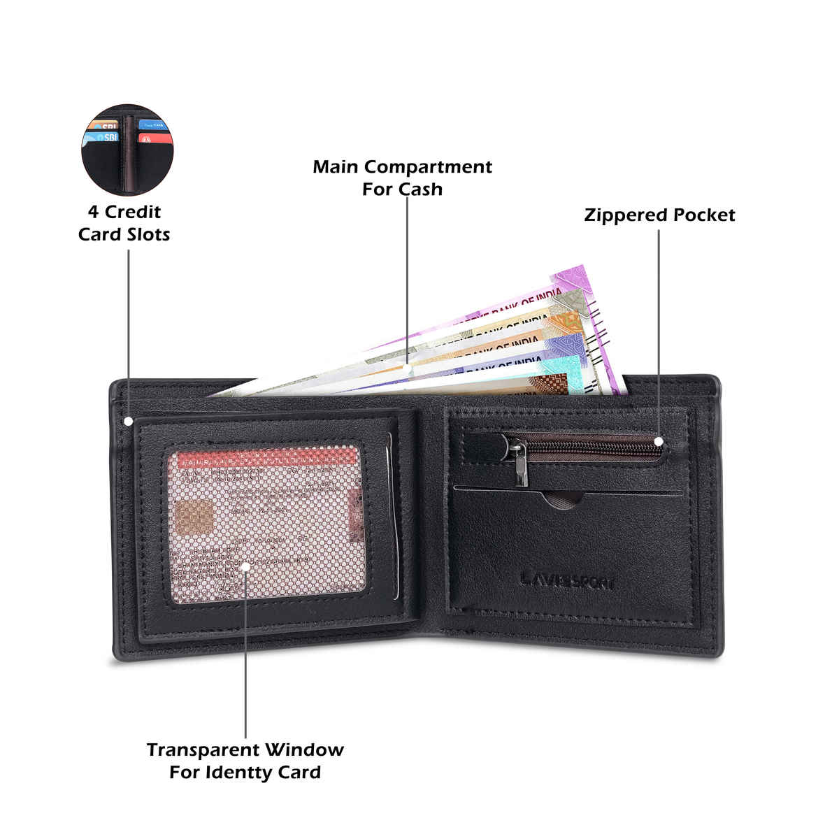 Lavie Sport Francis Men's Wallet | 5 Card Slots | Biofold Wallet | Synthetic Leather | Purse -Black