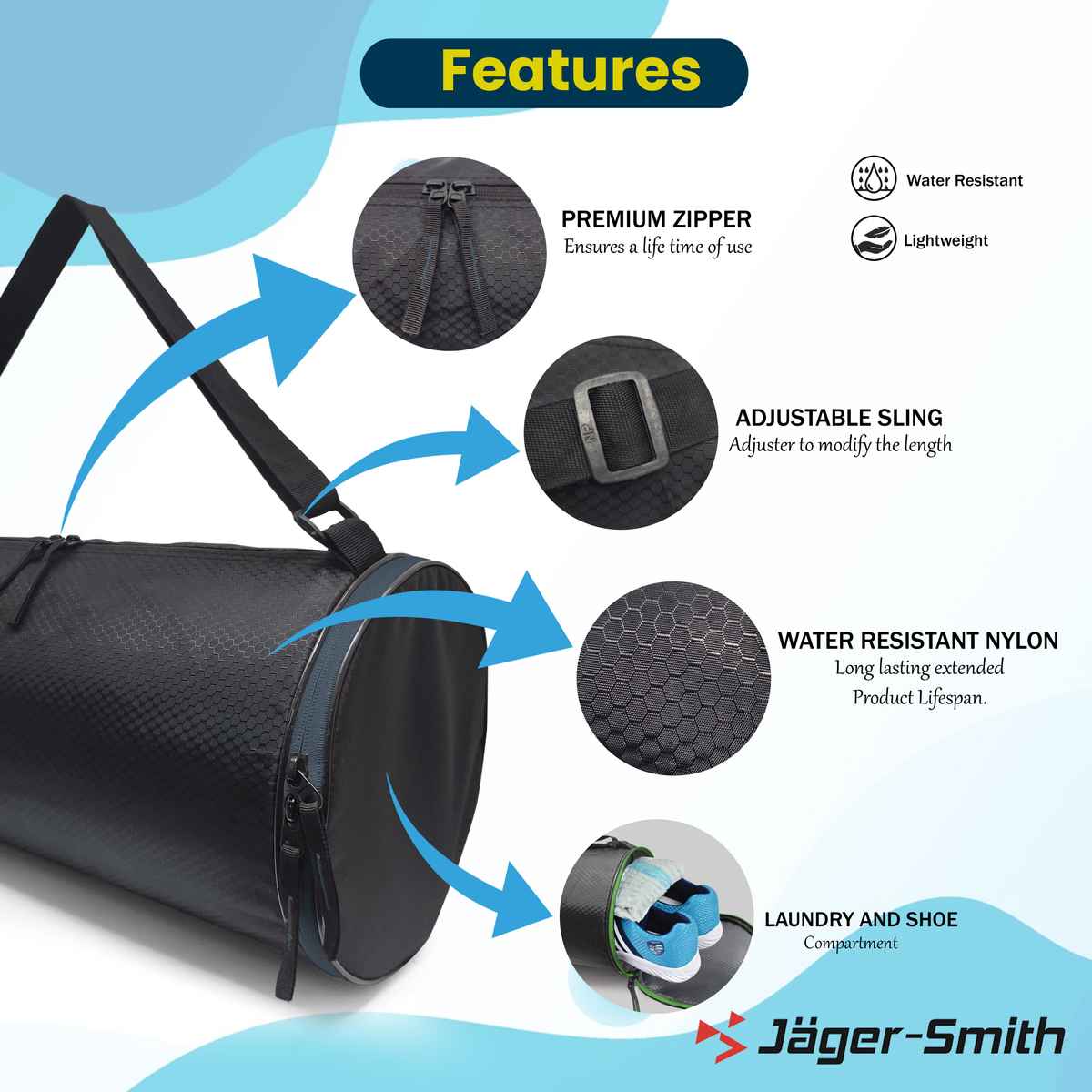 Jager-Smith Unisex Solid Polyester 23 L Gym Bag | Black and Grey