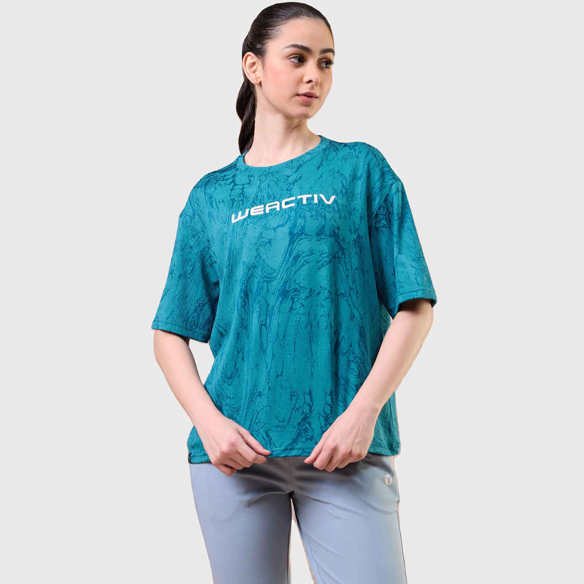Technosport Women's Jacquard Boxy Fit Round Neck Sports T-shirt with DOUBLE COOL - Teal M