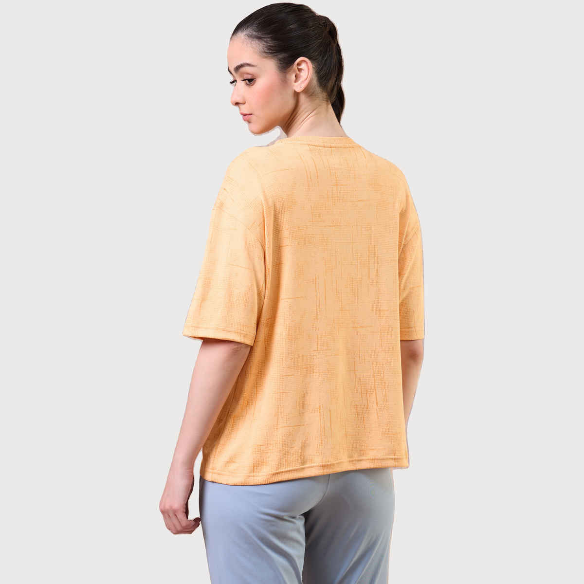 Technosport Women's Jacquard Boxy Fit Round Neck Sports T-shirt with DOUBLE COOL - Pumpkin XL