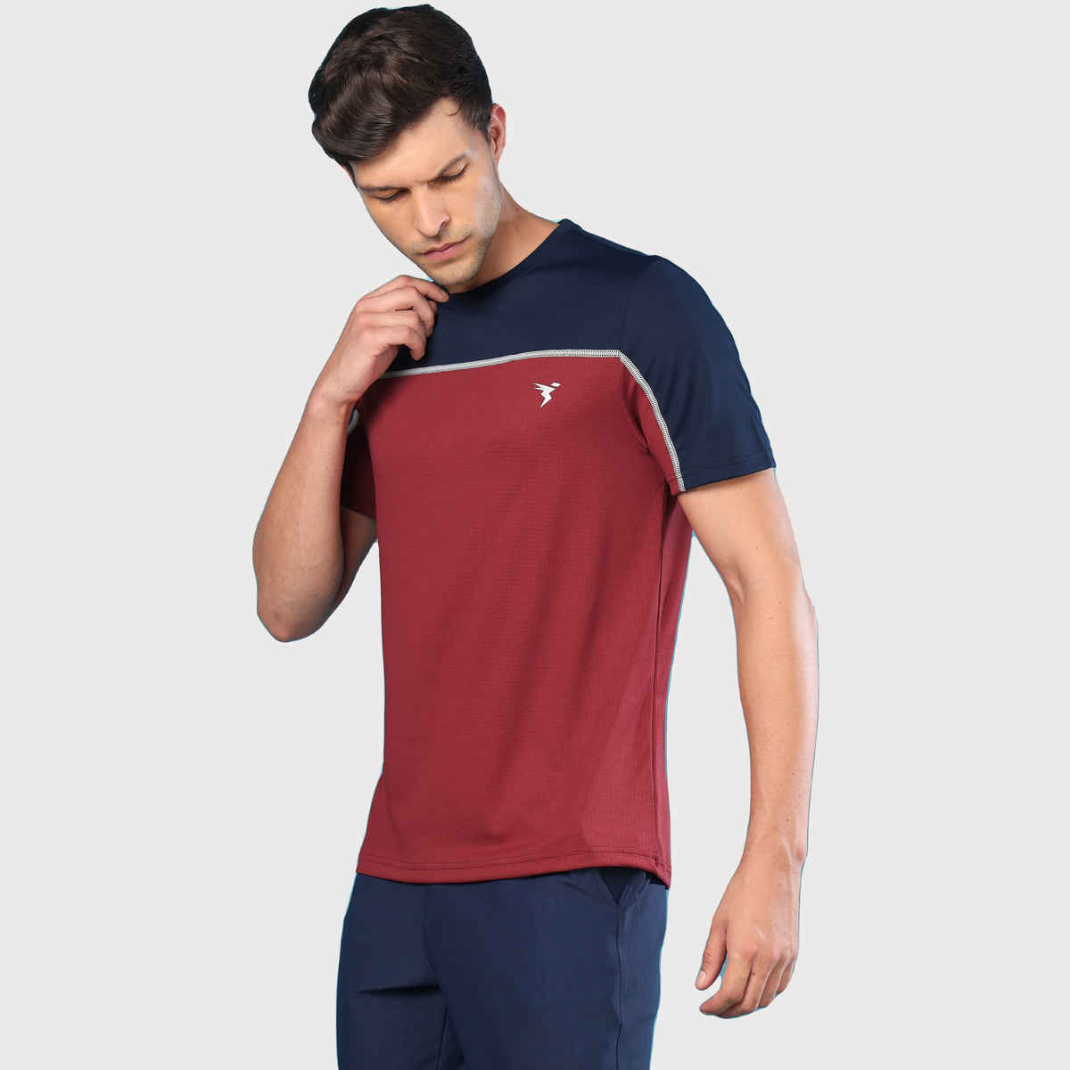 Technosport Men's Poly Colorblock Slim Fit Round Neck T-shirt | Berry Red - 2XL