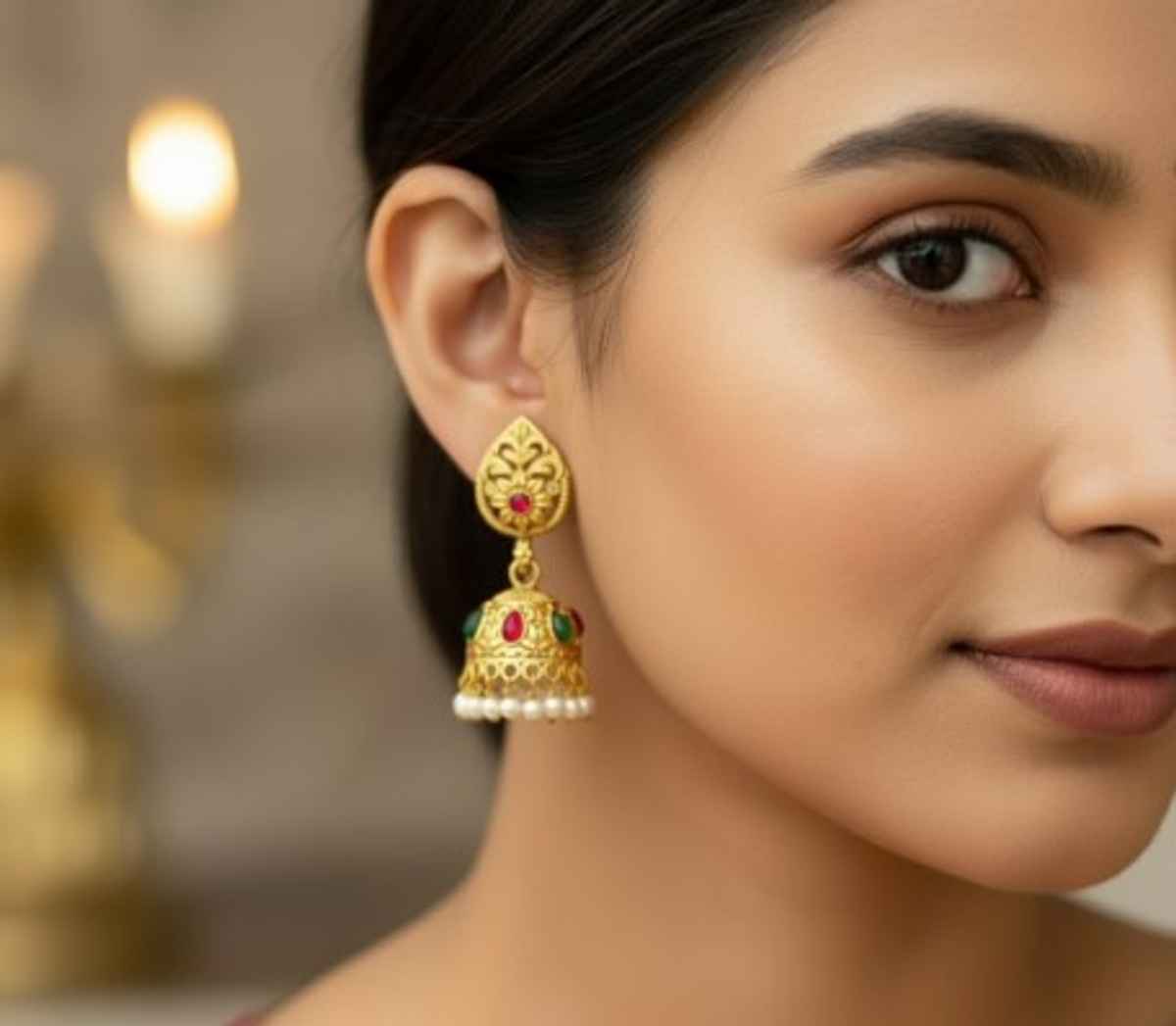 The Opal Factory Earrings Stone Studded Teardrop Motif Jhumki Earrings with Pearl Hangings | Gold