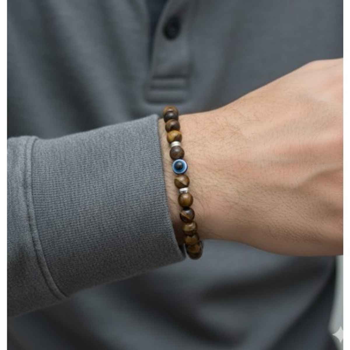 The Opal Factory Men's Jewelry Tiger Eye Bracelet with Evil Eye Bead | Bangle-286 | Brown