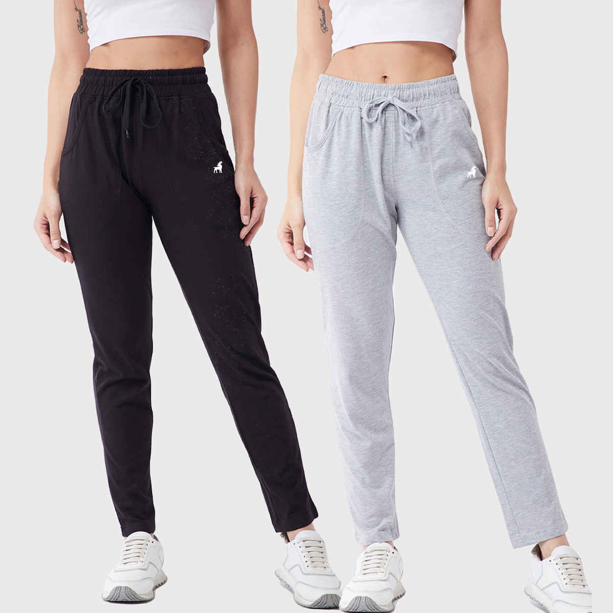 Modeve Women's Cotton Blend Solid Track Pant for Summer | Black and Light Grey | XL