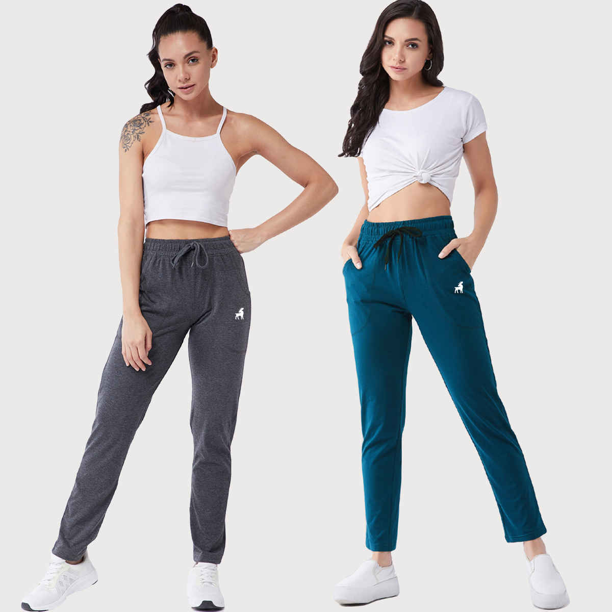 Modeve Women's Cotton Blend Solid Track Pant for Summer | Grey and Teal | L