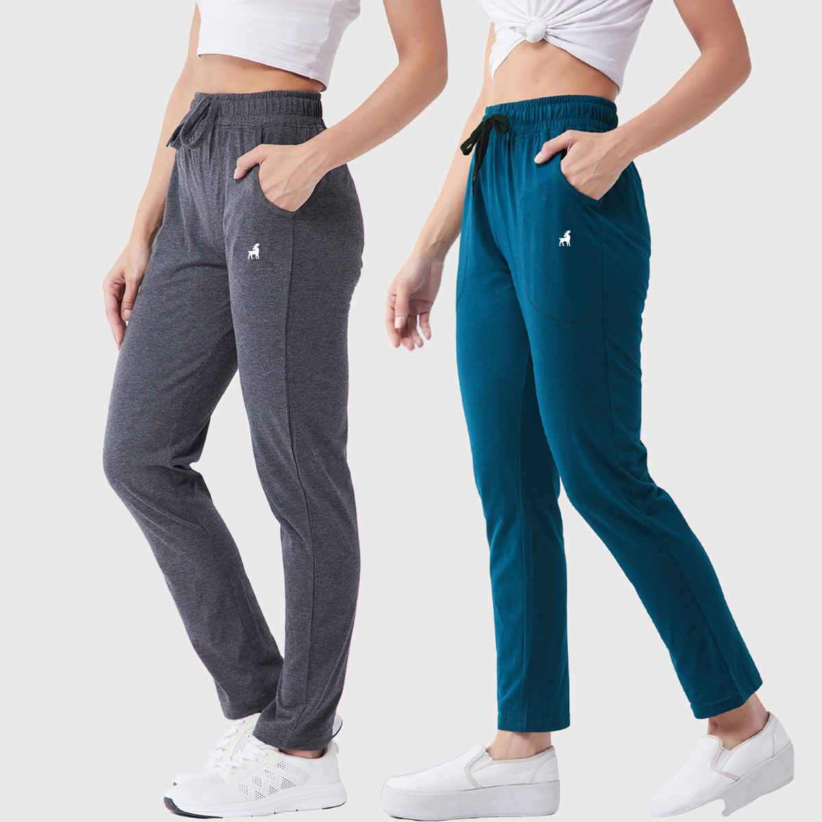 Modeve Women's Cotton Blend Solid Track Pant for Summer | Grey and Teal | L