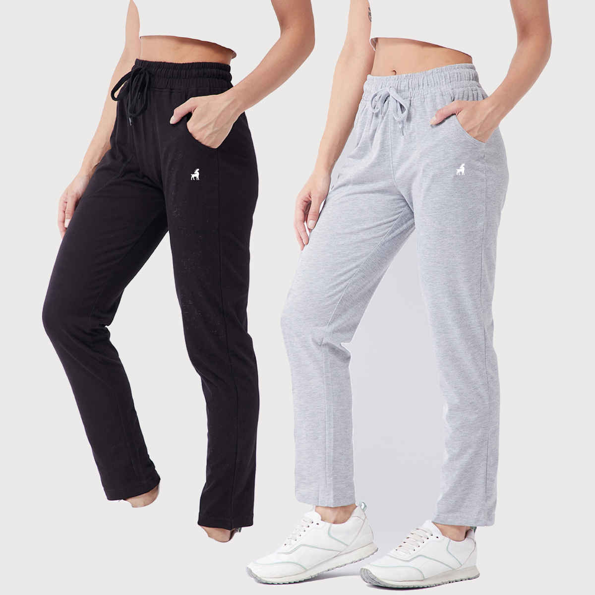 Modeve Women's Cotton Blend Solid Track Pant for Summer | Black and Light Grey | XL