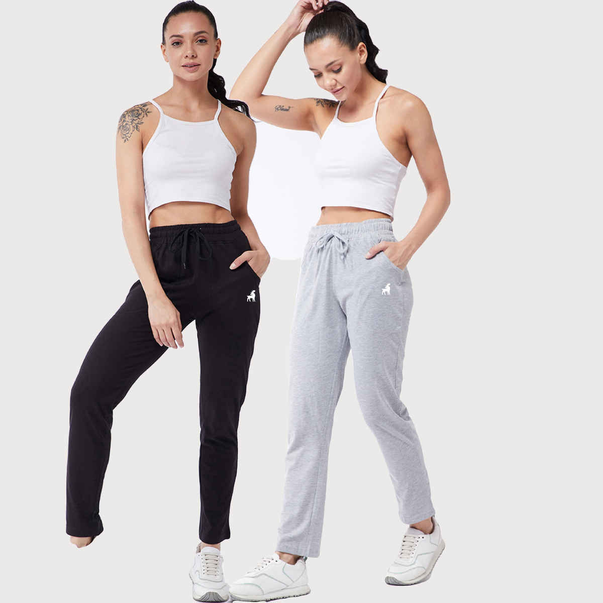 Modeve Women's Cotton Blend Solid Track Pant for Summer | Black and Light Grey | XL