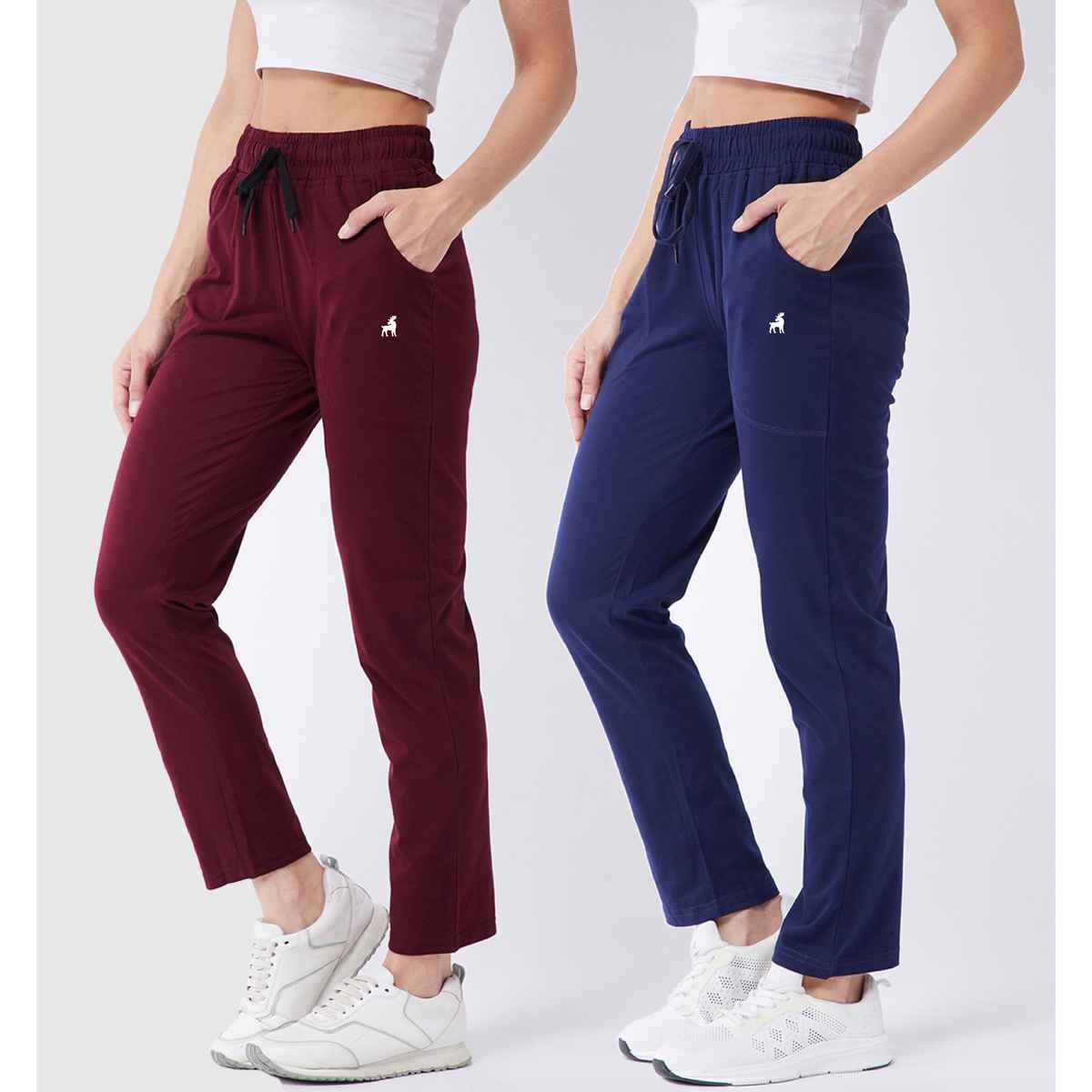 Modeve Women's Cotton Blend Solid Track Pant for Summer | Navy and Wine | XL