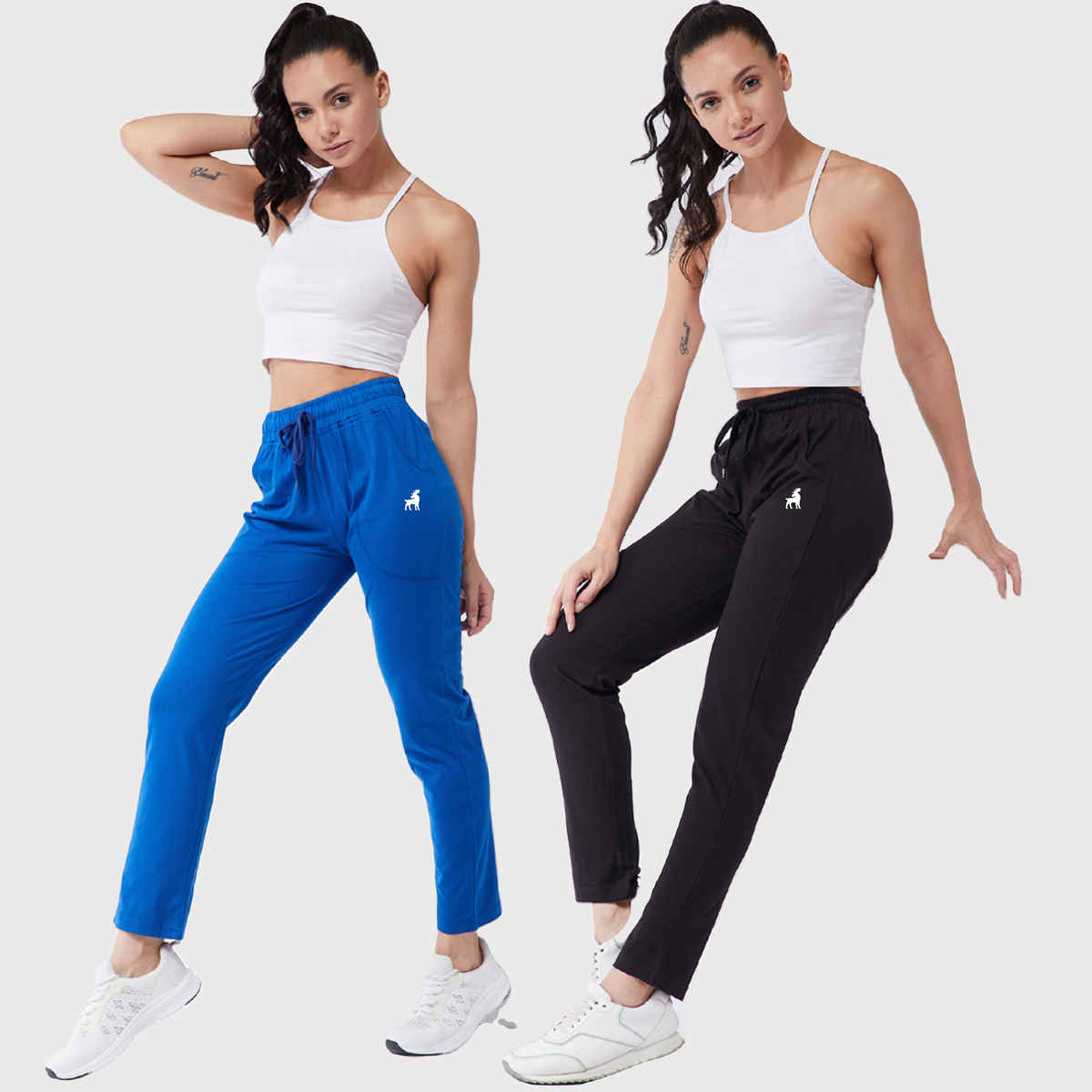 Modeve Women's Cotton Blend Solid Track Pant for Summer | Black and Blue | L
