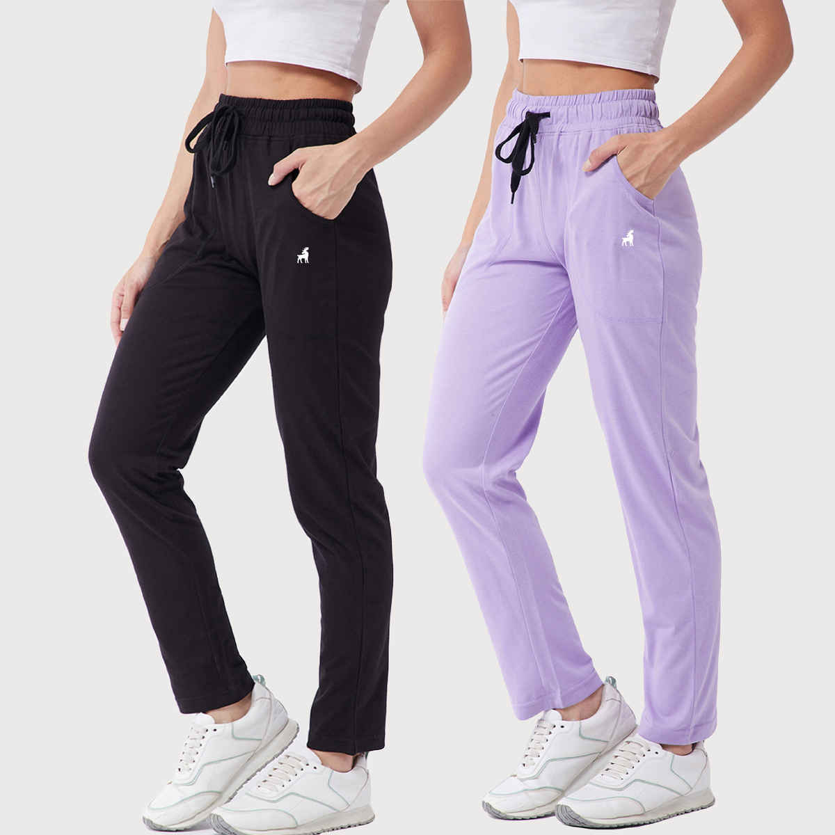 Modeve Women's Cotton Blend Solid Track Pant for Summer | Black and Lavender | XL