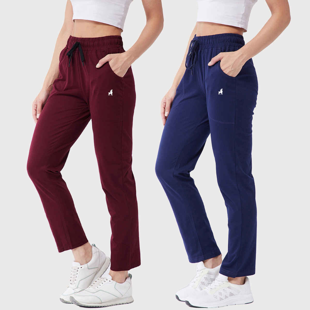 Modeve Women's Cotton Blend Solid Track Pant for Summer | Navy and Wine | L