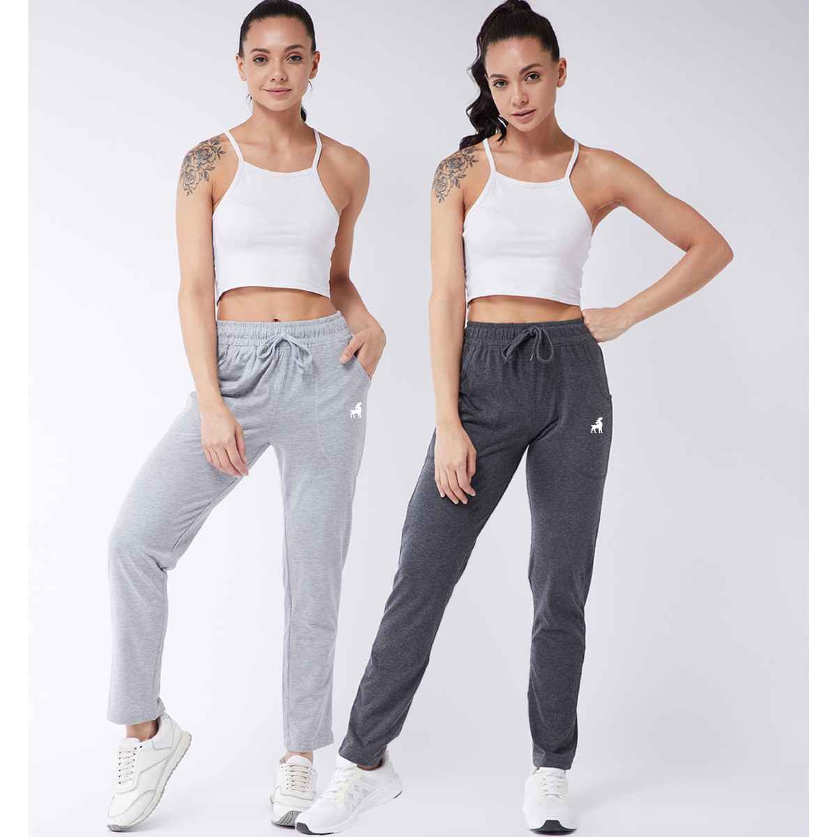 Modeve Women's Cotton Blend Solid Track Pant for Summer | Grey and Light Grey | M