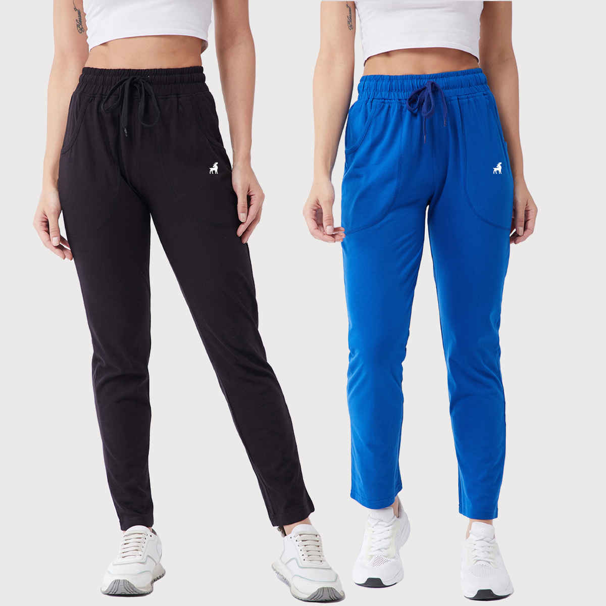 Modeve Women's Cotton Blend Solid Track Pant for Summer | Black and Blue | L