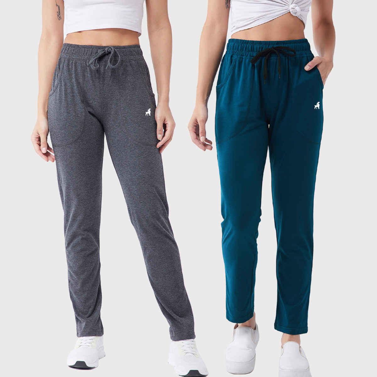 Modeve Women's Cotton Blend Solid Track Pant for Summer | Grey and Teal | L