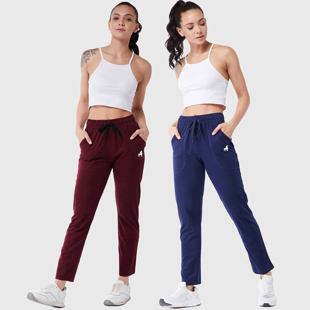 Modeve Women's Cotton Blend Solid Track Pant for Summer | Navy and Wine | L