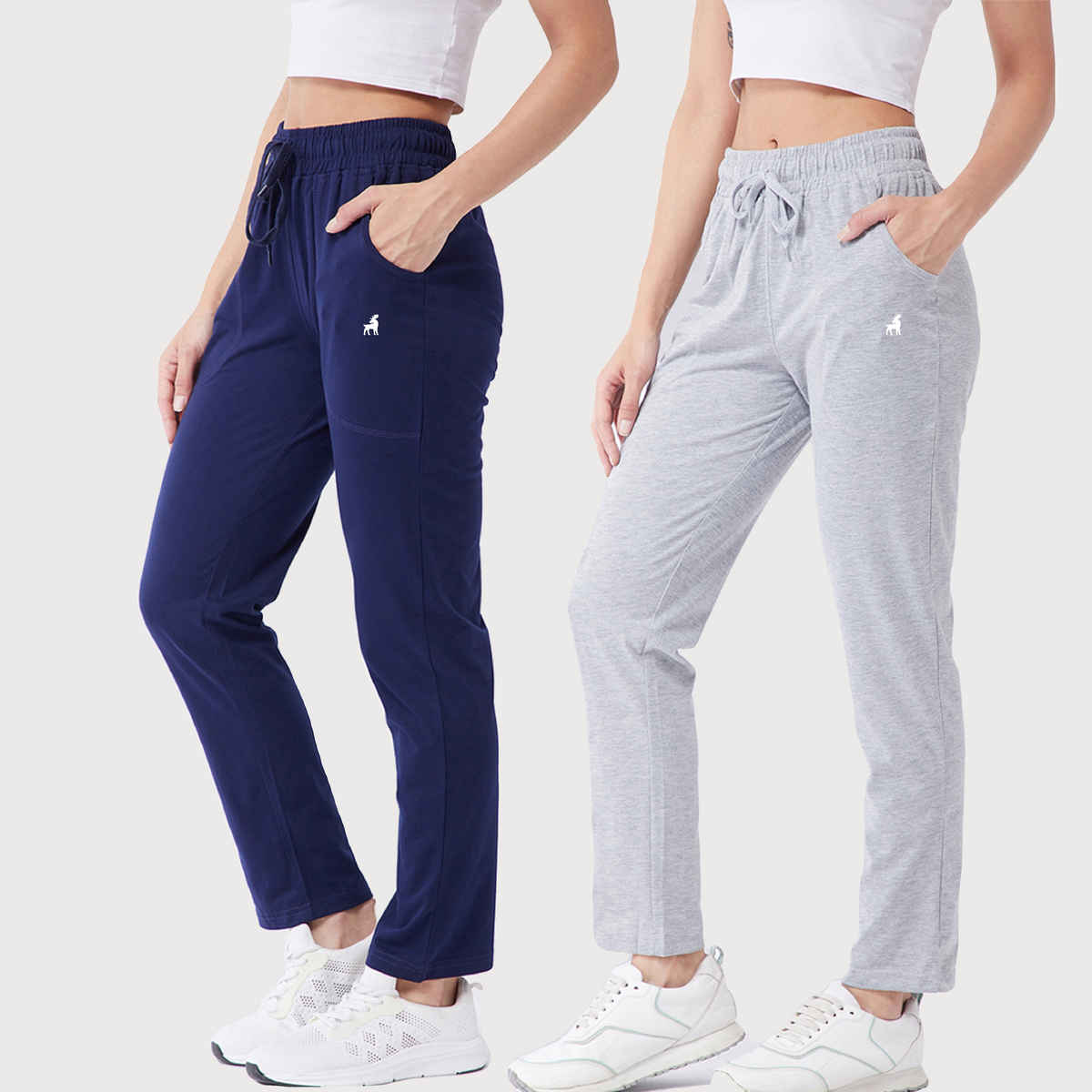 Modeve Women's Cotton Blend Solid Track Pant for Summer | Navy and Light Grey | M